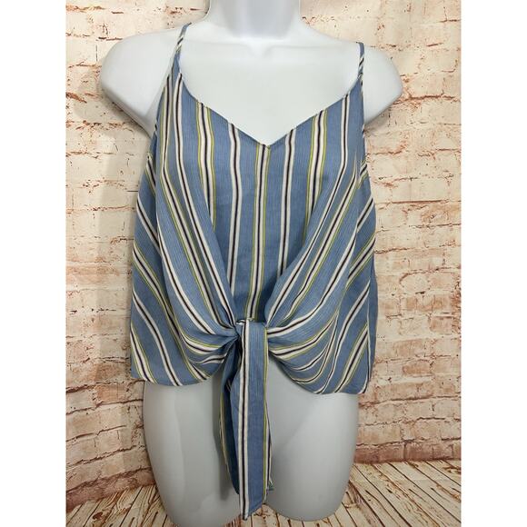 Lush V-Neck Crop Blouse Sz Small Sleeveless Front Tie Blue Striped Top - Picture 2 of 4